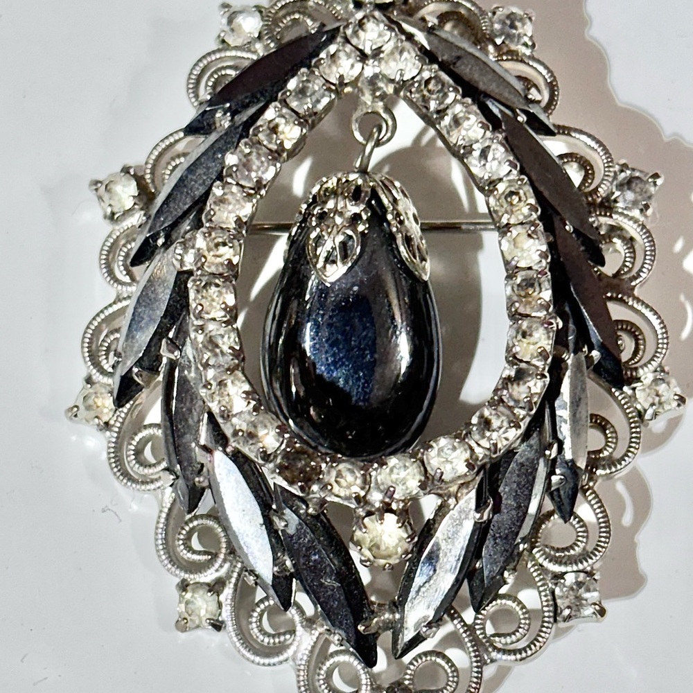Verified Juliana Vintage Silver and Black prong set Crystal Brooch